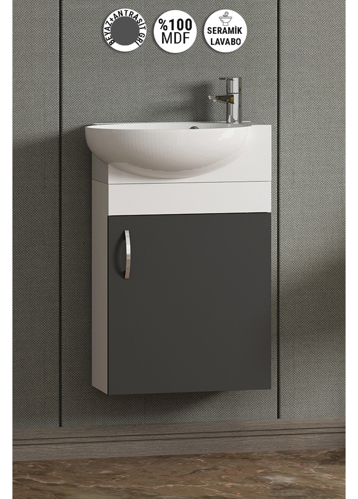 Lale 45 cm Beyaz-Antrasit Gri Mat MDF Seramik Lavabolu Asma Alt Banyo Dolabı