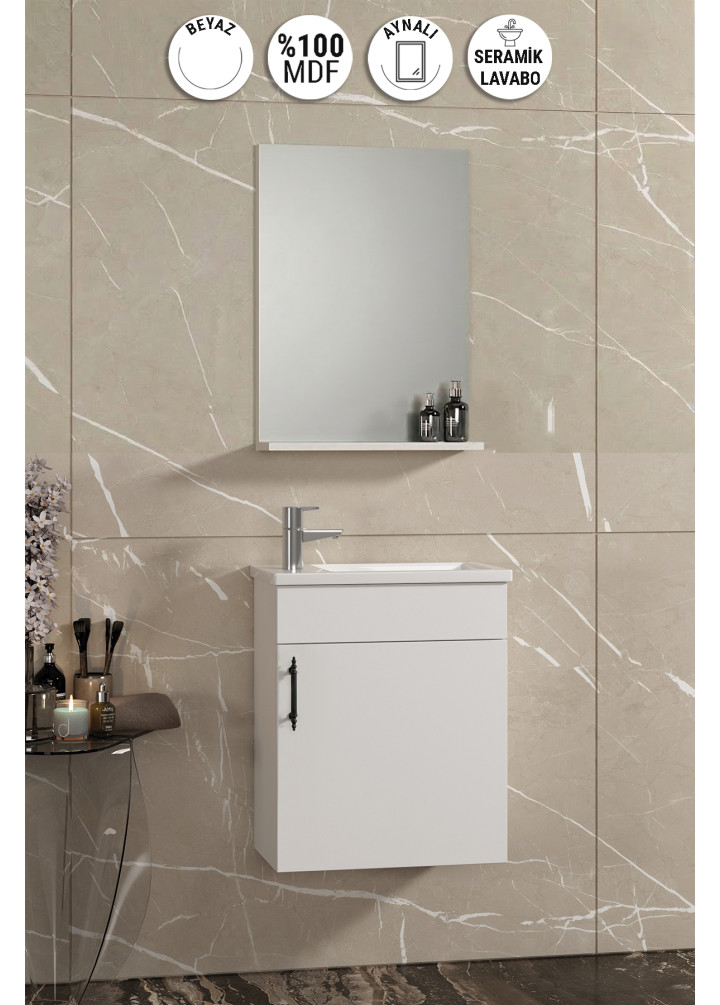 Lale 42x24 cm Beyaz MDF Seramik Lavabolu Asma Banyo Dolabı Takımı