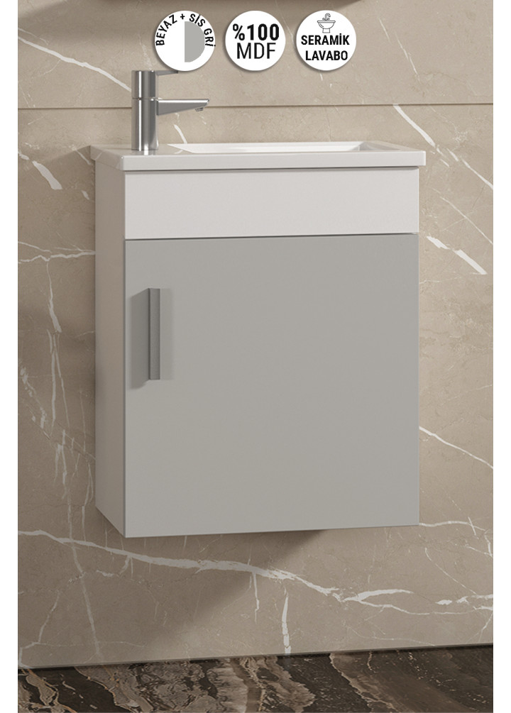 Lale 42x24 cm Beyaz-Sis Gri MDF Seramik Lavabolu Asma Banyo Alt Dolabı