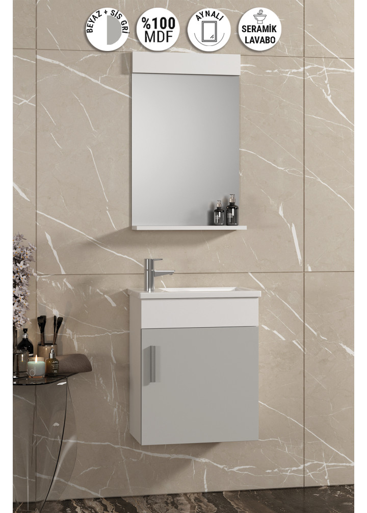 Lale 42x24 cm Beyaz-Sis Gri MDF Seramik Lavabolu Asma Banyo Dolabı Takımı