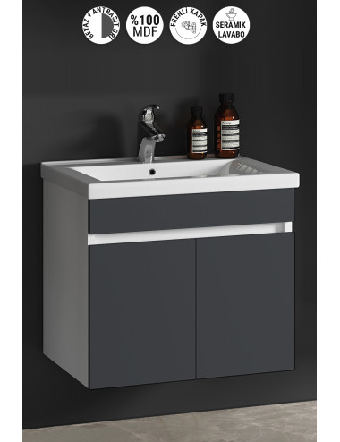 Çiğdem 55 cm Beyaz-Antrasit Gri Mat MDF Seramik Lavabolu Asma Banyo Alt Dolabı