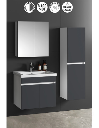 Çiğdem 55+35 cm Beyaz-Antrasit Gri Mat MDF Seramik Lavabolu Asma Banyo Dolabı Takımı