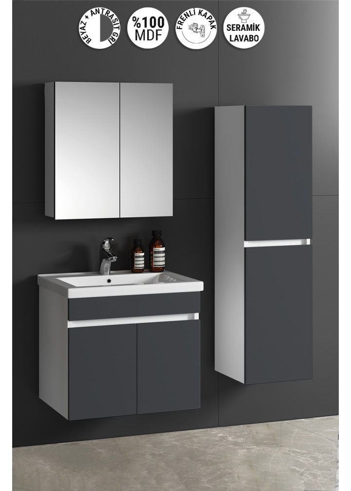 Çiğdem 55+35 cm Beyaz-Antrasit Gri Mat MDF Seramik Lavabolu Asma Banyo Dolabı Takımı