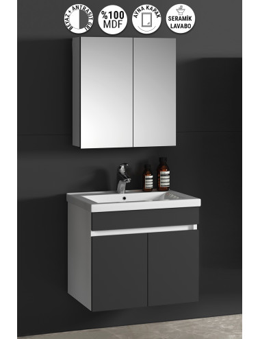  Çiğdem 55 cm Beyaz-Antrasit Gri Mat MDF Seramik Lavabolu Asma Banyo Dolabı Takımı