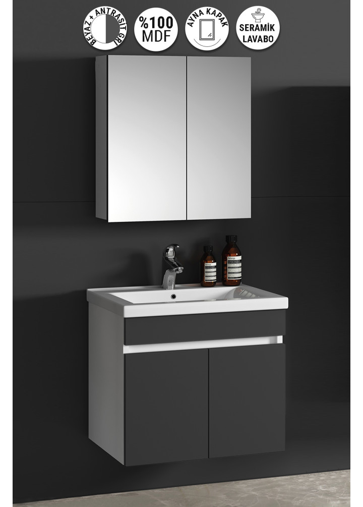  Çiğdem 55 cm Beyaz-Antrasit Gri Mat MDF Seramik Lavabolu Asma Banyo Dolabı Takımı
