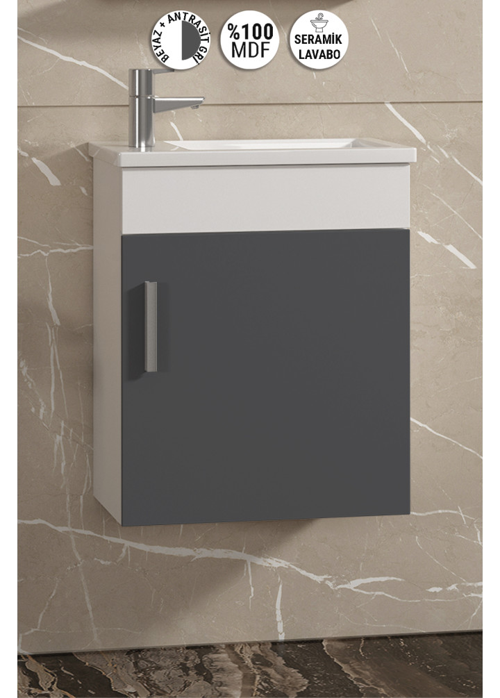 Lale 42x24 cm Beyaz-Antrasit Gri Mat MDF Seramik Lavabolu Asma Banyo Alt Dolabı