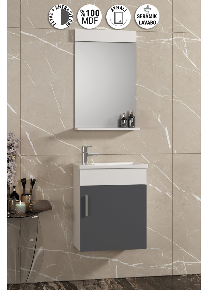 Lale 42x24 cm Beyaz-Antrasit Gri Mat MDF Seramik Lavabolu Asma Banyo Dolabı Takımı