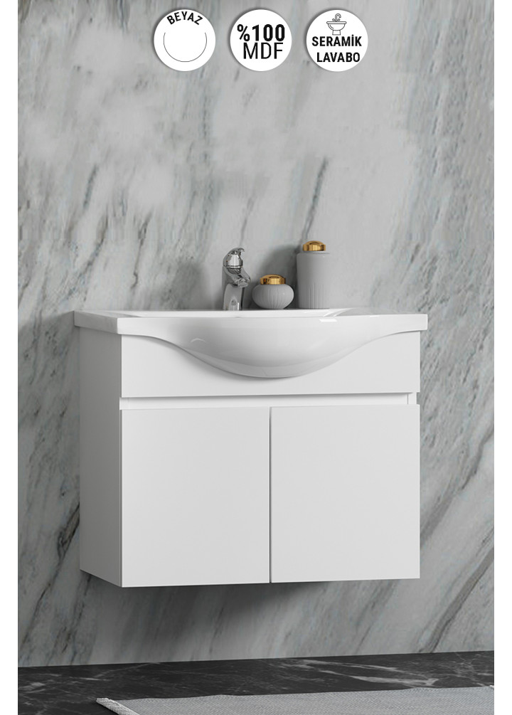 Yıldız 55 cm Beyaz MDF Seramik Lavabolu Asma Banyo Alt Dolabı 