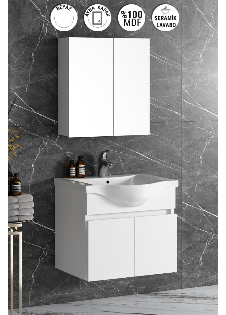 Yıldız 65 cm Beyaz MDF Seramik Lavabolu Asma Banyo Dolabı Takımı