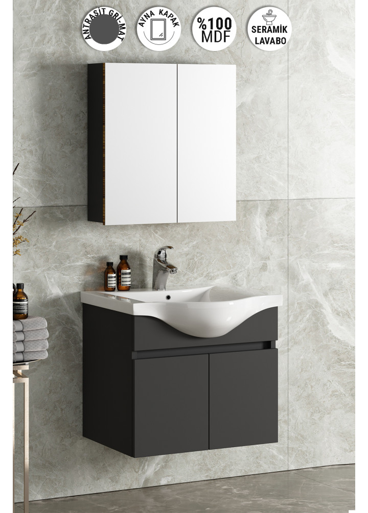 Yıldız 65 cm Antrasit Gri Mat MDF Seramik Lavabolu Asma Banyo Dolabı Takımı