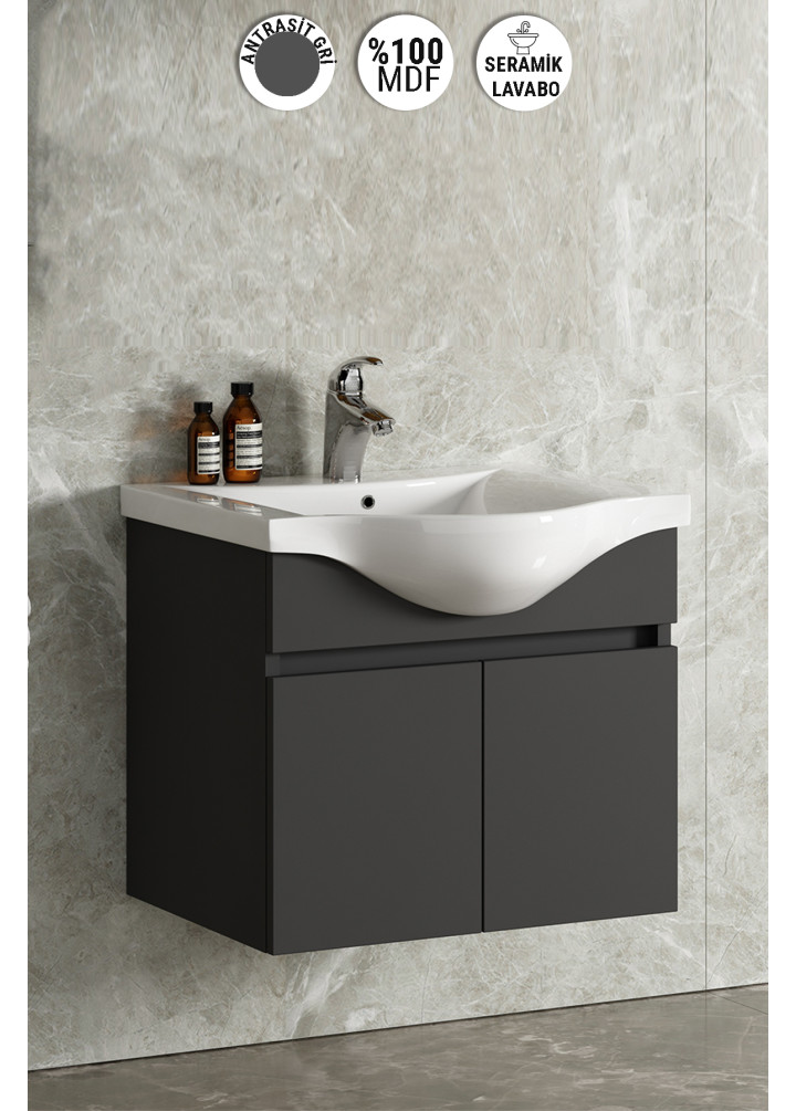 Yıldız 55 cm Antrasit Gri Mat MDF Seramik Lavabolu Asma Banyo Alt Dolabı 