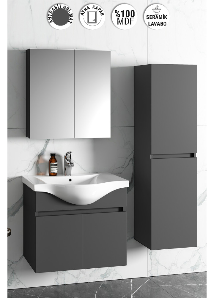 Yıldız 65+35 cm Antrasit Gri Mat MDF Seramik Lavabolu Asma Banyo Dolabı Takımı