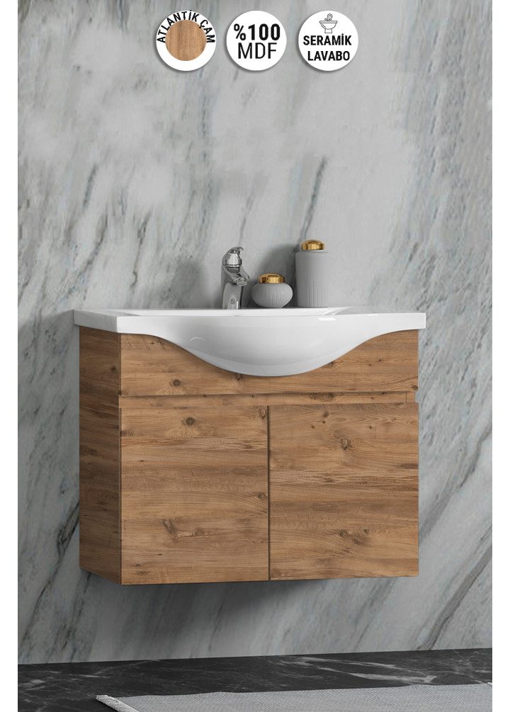 Yıldız 55 cm Atlantik Çam MDF Seramik Lavabolu Asma Banyo Alt Dolabı 