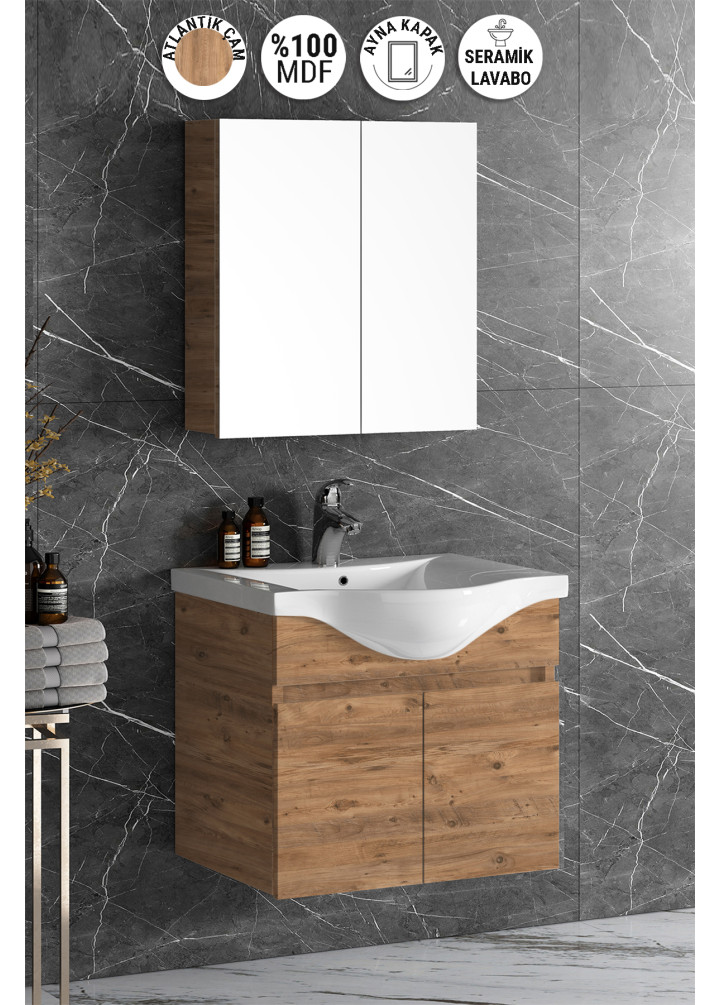 Yıldız 65 cm Atlantik Çam MDF Seramik Lavabolu Asma Banyo Dolabı Takımı
