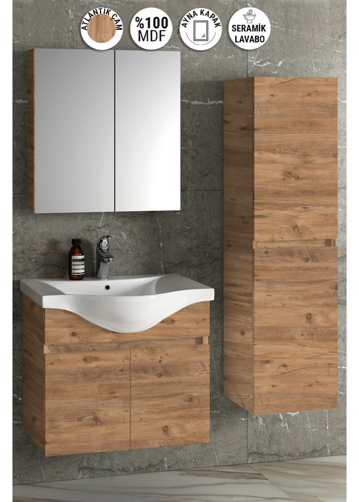 Yıldız 65+35 cm Atlantik Çam MDF Seramik Lavabolu Asma Banyo Dolabı Takımı