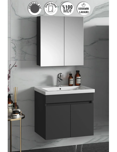Çiğdem 65 cm Antrasit Gri Mat MDF Seramik Lavabolu Asma Banyo Dolabı Takımı