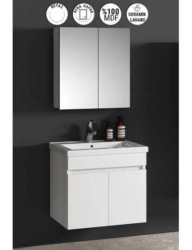 Çiğdem 65 cm Beyaz MDF Seramik Lavabolu Asma Banyo Dolabı Takımı