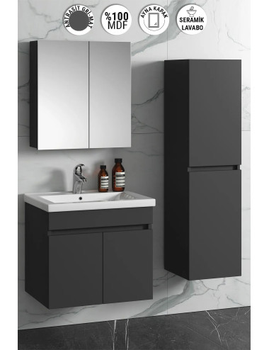 Çiğdem 65+35 cm Antrasit Gri Mat MDF Seramik Lavabolu Sepetli Asma Banyo Dolabı Takımı