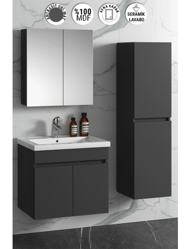 Çiğdem 65+35 cm Antrasit Gri Mat MDF Seramik Lavabolu Asma Banyo Dolabı Takımı