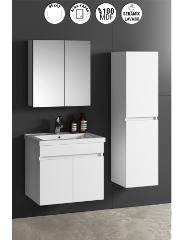 Çiğdem 65+35 cm Beyaz MDF Seramik Lavabolu Sepetli Asma Banyo Dolabı Takımı