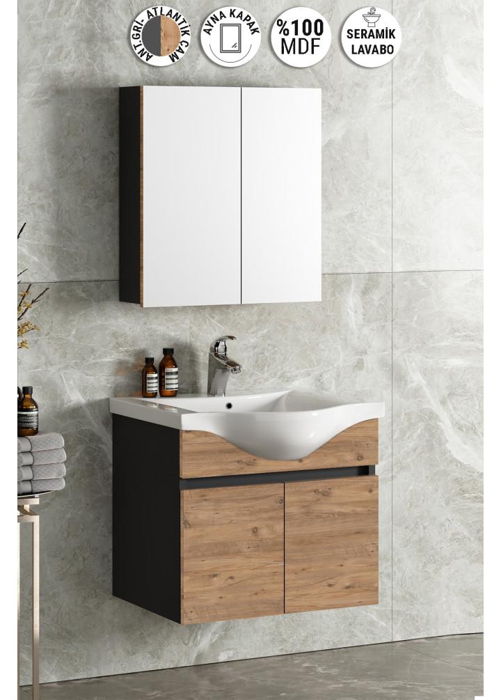Yıldız 65 cm Antrasit Gri Mat-Atlantik Çam MDF Seramik Lavabolu Asma Banyo Dolabı Takımı