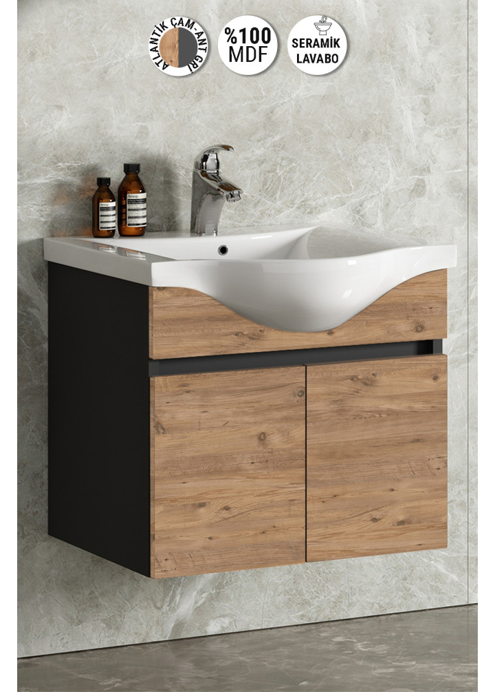 Yıldız 55 cm Antrasit Gri Mat-Atlantik Çam MDF Seramik Lavabolu Asma Banyo Alt Dolabı