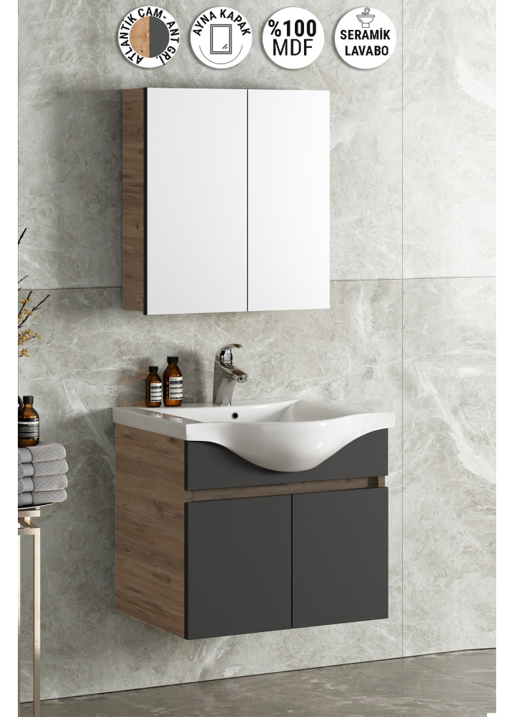 Yıldız 65 cm Atlantik Çam-Antrasit Gri Mat MDF Seramik Lavabolu Asma Banyo Dolabı Takımı