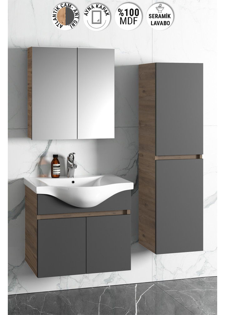 Yıldız 55+35 cm Atlantik Çam-Antrasit Gri Mat MDF Seramik Lavabolu Asma Banyo Dolabı Takımı