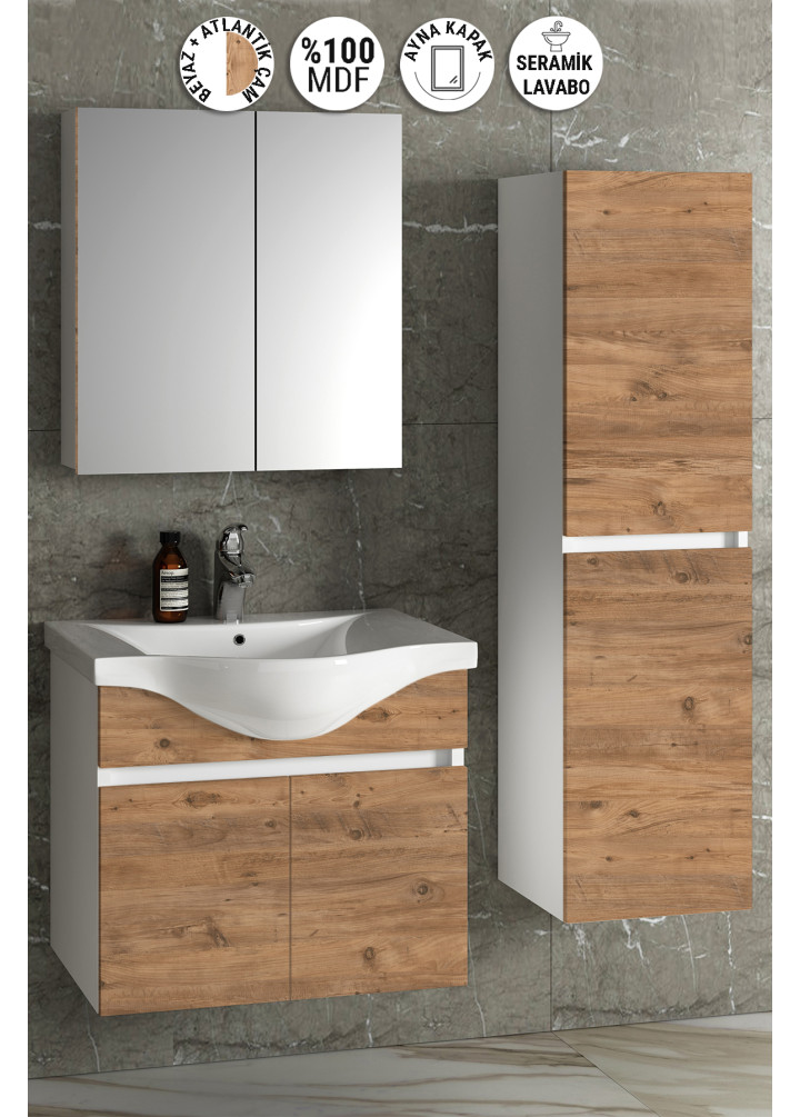 Yıldız 65+35 cm Beyaz-Atlantik Çam MDF Seramik Lavabolu Asma Banyo Dolabı Takımı