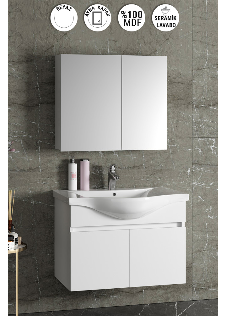 Yıldız 80 cm Beyaz MDF Seramik Lavabolu Asma Banyo Dolabı Takımı