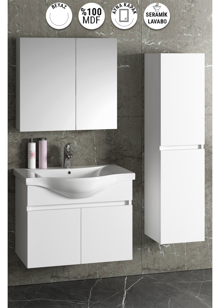 Yıldız 80+35 cm Beyaz MDF Seramik Lavabolu Asma Banyo Dolabı Takımı