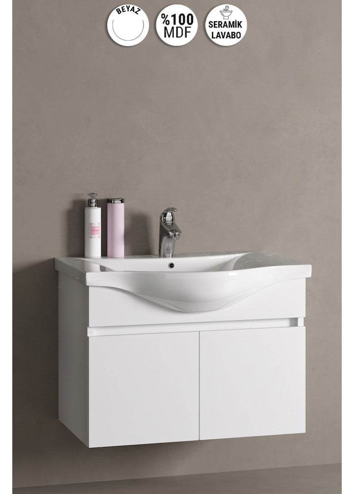 Yıldız 75 cm Beyaz MDF Seramik Lavabolu Asma Banyo Alt Dolabı