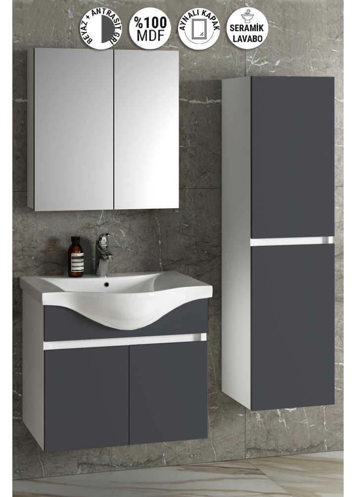 Yıldız 65+35 cm Beyaz-Antrasit Gri Mat MDF Seramik Lavabolu Asma Banyo Dolabı Takımı