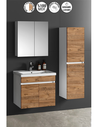 Çiğdem 65+35 cm Beyaz-Atlantik Çam MDF Seramik Lavabolu Asma Banyo Dolabı Takımı