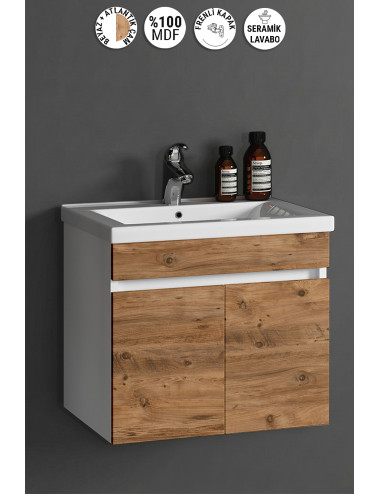 Çiğdem 55 cm Beyaz-Atlantik Çam MDF Seramik Lavabolu Asma Banyo Alt Dolabı