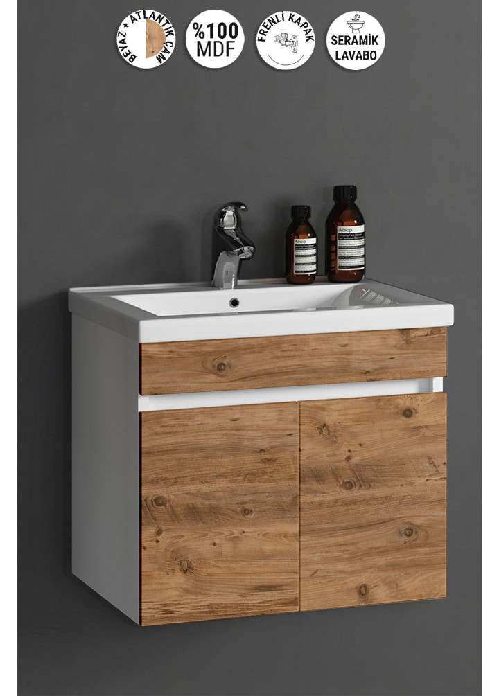 Çiğdem 55 cm Beyaz-Atlantik Çam MDF Seramik Lavabolu Asma Banyo Alt Dolabı