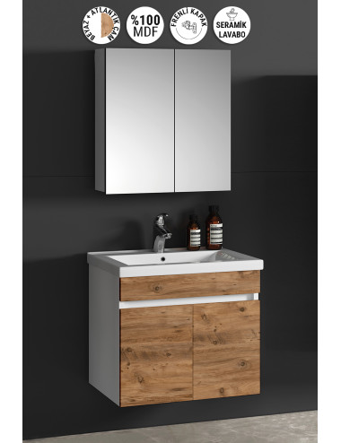 Çiğdem 55 cm Beyaz-Atlantik Çam MDF Seramik Lavabolu Asma Banyo Dolabı Takımı