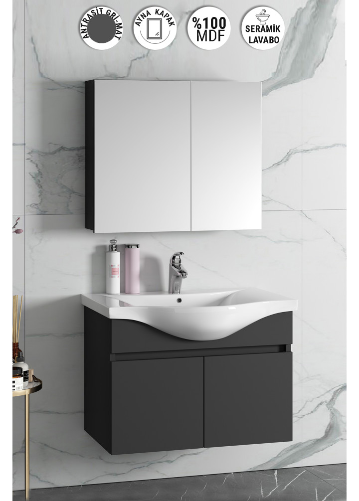 Yıldız 80 cm Antrasit Gri Mat MDF Seramik Lavabolu Asma Banyo Dolabı Takımı