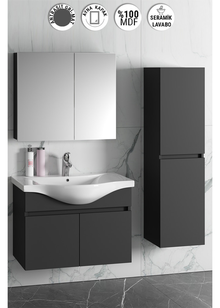 Yıldız 80+35 cm Antrasit Gri Mat MDF Seramik Lavabolu Asma Banyo Dolabı Takımı