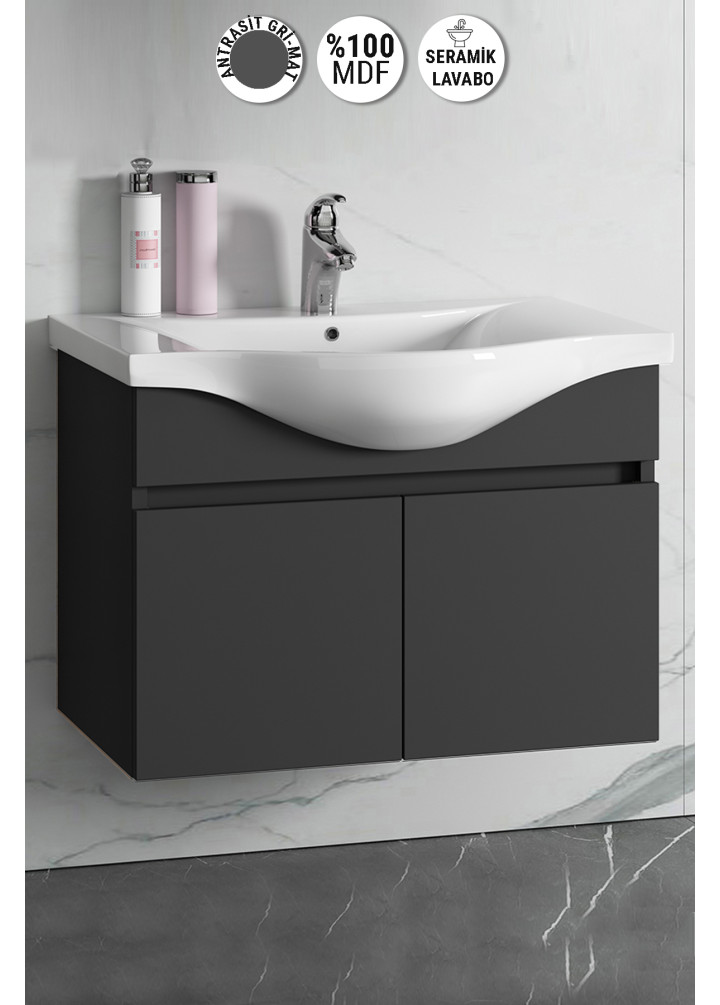 Yıldız 80 cm Antrasit Gri Mat MDF Seramik Lavabolu Asma Banyo Alt Dolabı 
