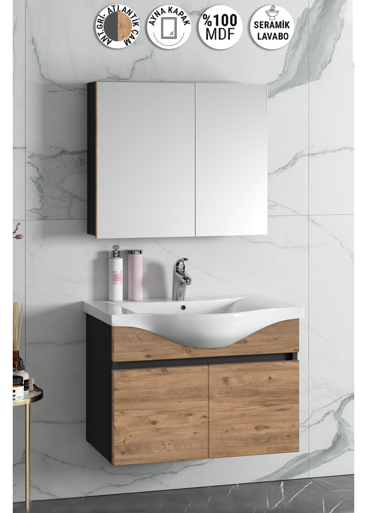 Yıldız 80 cm Antrasit Gri Mat-Atlantik Çam MDF Seramik Lavabolu Asma Banyo Dolabı Takımı
