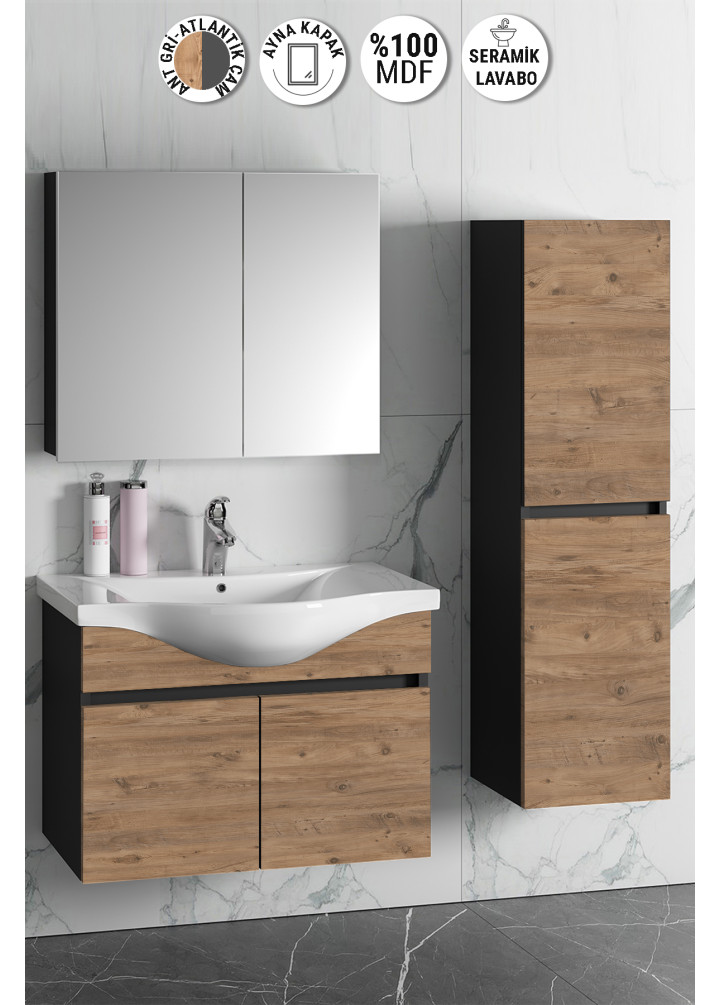 Yıldız 80+35 cm Antrasit Gri Mat-Atlantik Çam MDF Seramik Lavabolu Asma Banyo Dolabı Takımı