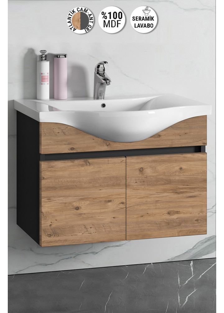 Yıldız 80 cm Antrasit Gri Mat-Atlantik Çam MDF Seramik Lavabolu Asma Banyo Alt Dolabı