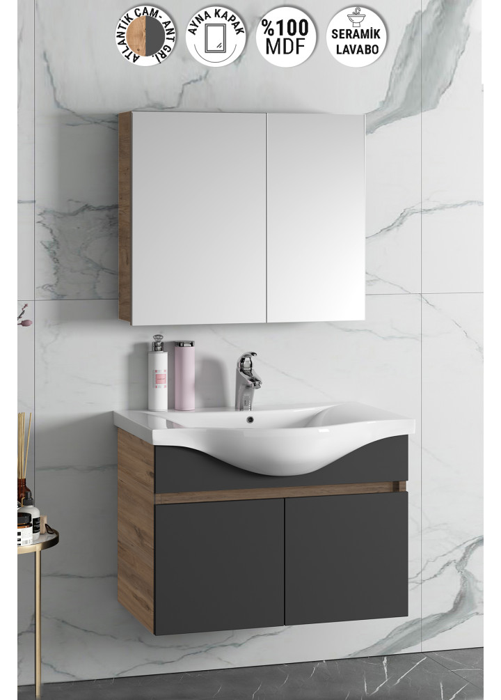 Yıldız 80 cm Atlantik Çam-Antrasit Gri Mat MDF Seramik Lavabolu Asma Banyo Dolabı Takımı