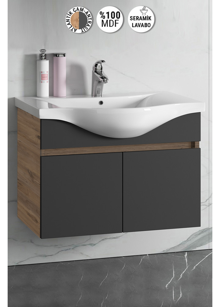 Yıldız 80 cm Atlantik Çam-Antrasit Gri Mat MDF Seramik Lavabolu Asma Banyo Alt Dolabı