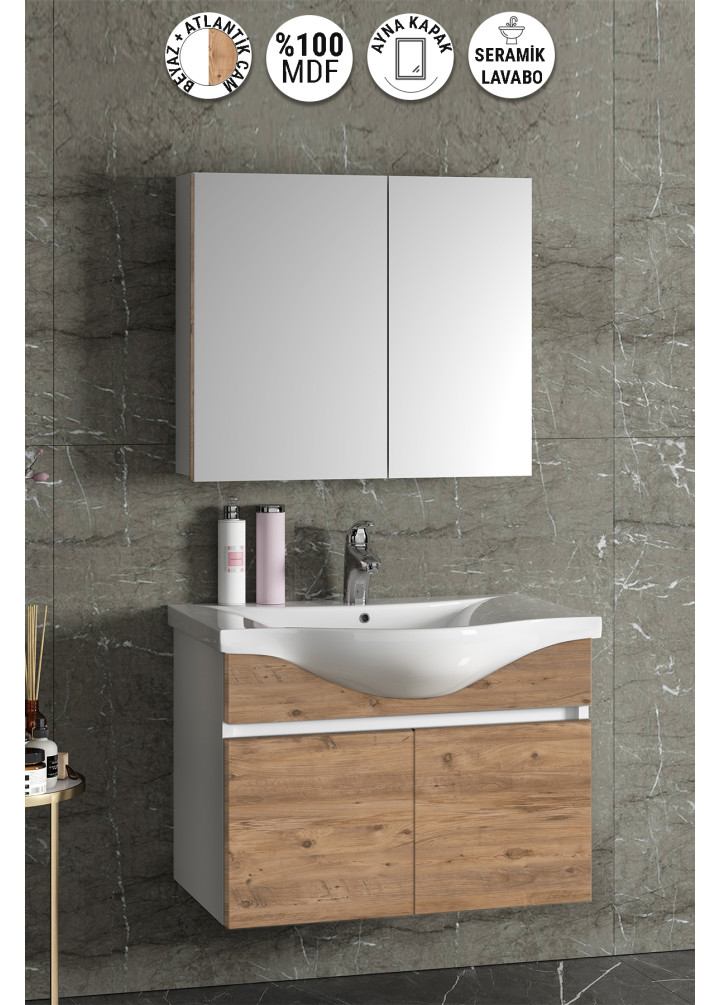Yıldız 80 cm Beyaz-Atlantik Çam MDF Seramik Lavabolu Asma Banyo Dolabı Takımı
