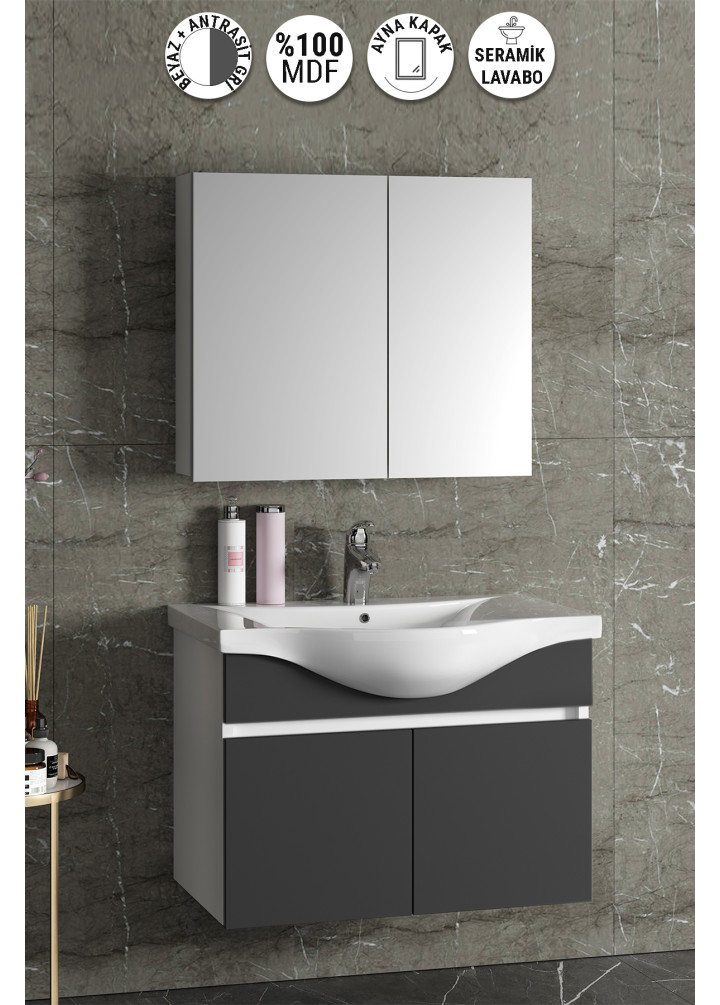 Yıldız 80 cm Beyaz-Antrasit Gri Mat MDF Seramik Lavabolu Asma Banyo Dolabı Takımı
