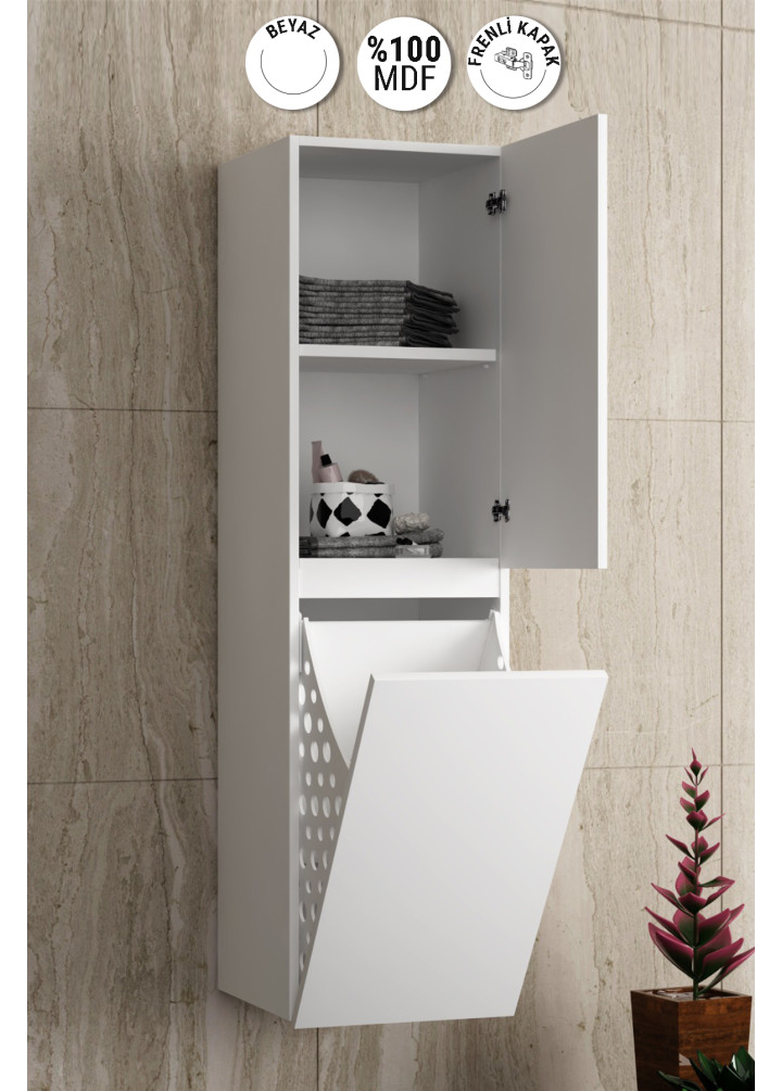 Yıldız 35x130 cm Beyaz MDF Sepetli Asma Banyo Boy Dolabı