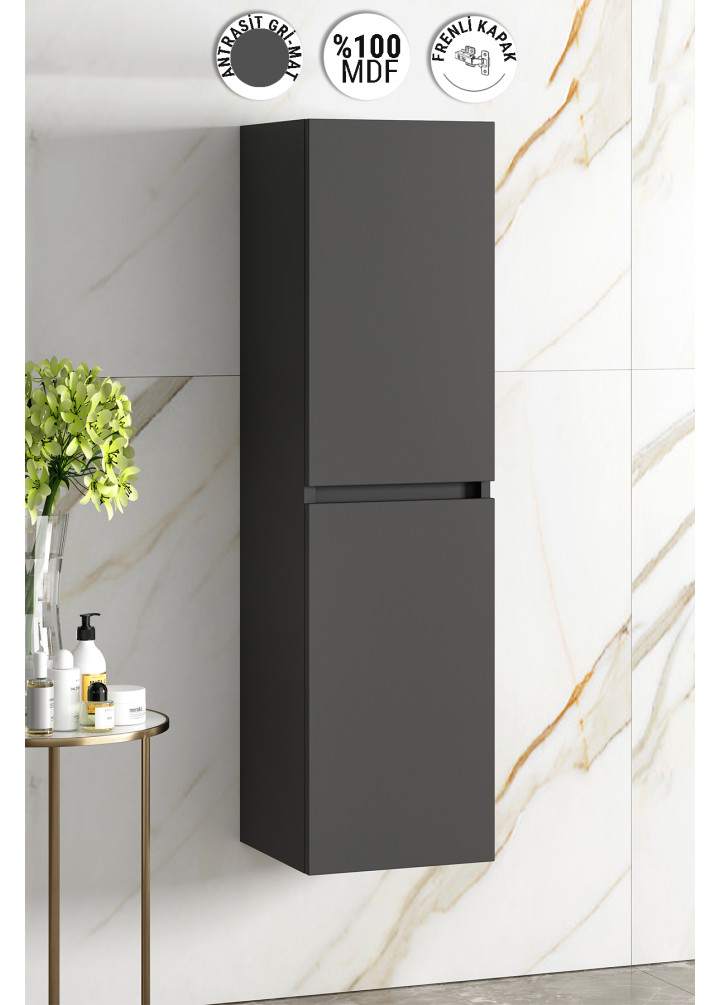 Yıldız 35x130 cm Antrasit Gri Mat MDF Sepetli Asma Banyo Boy Dolabı