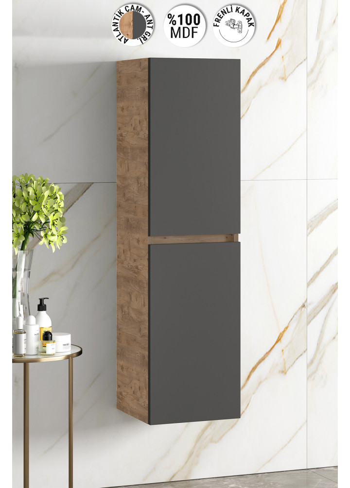 Yıldız 35x130 cm Atlantik Çam-Antrasit Gri Mat MDF Asma Banyo Boy Dolabı